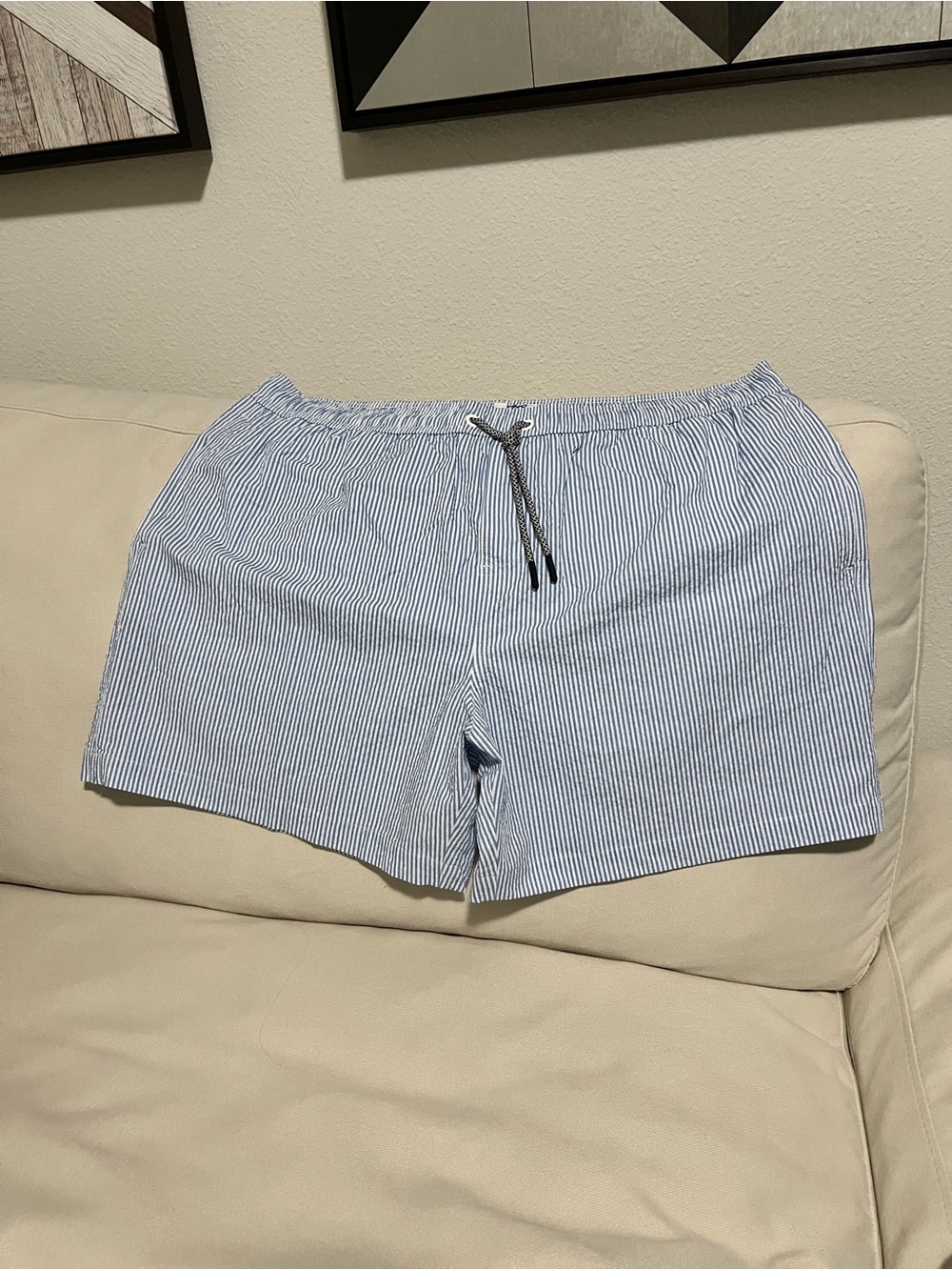 Striped Light Blue Men's Swim Athletic Shorts with Drawstring